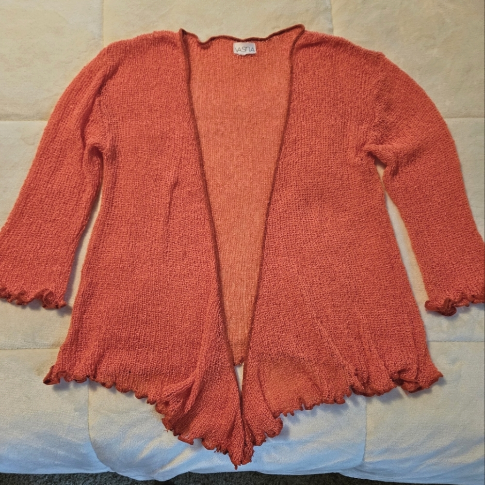 Stretchy Coral Orange Self Tie Cardigan Sweater